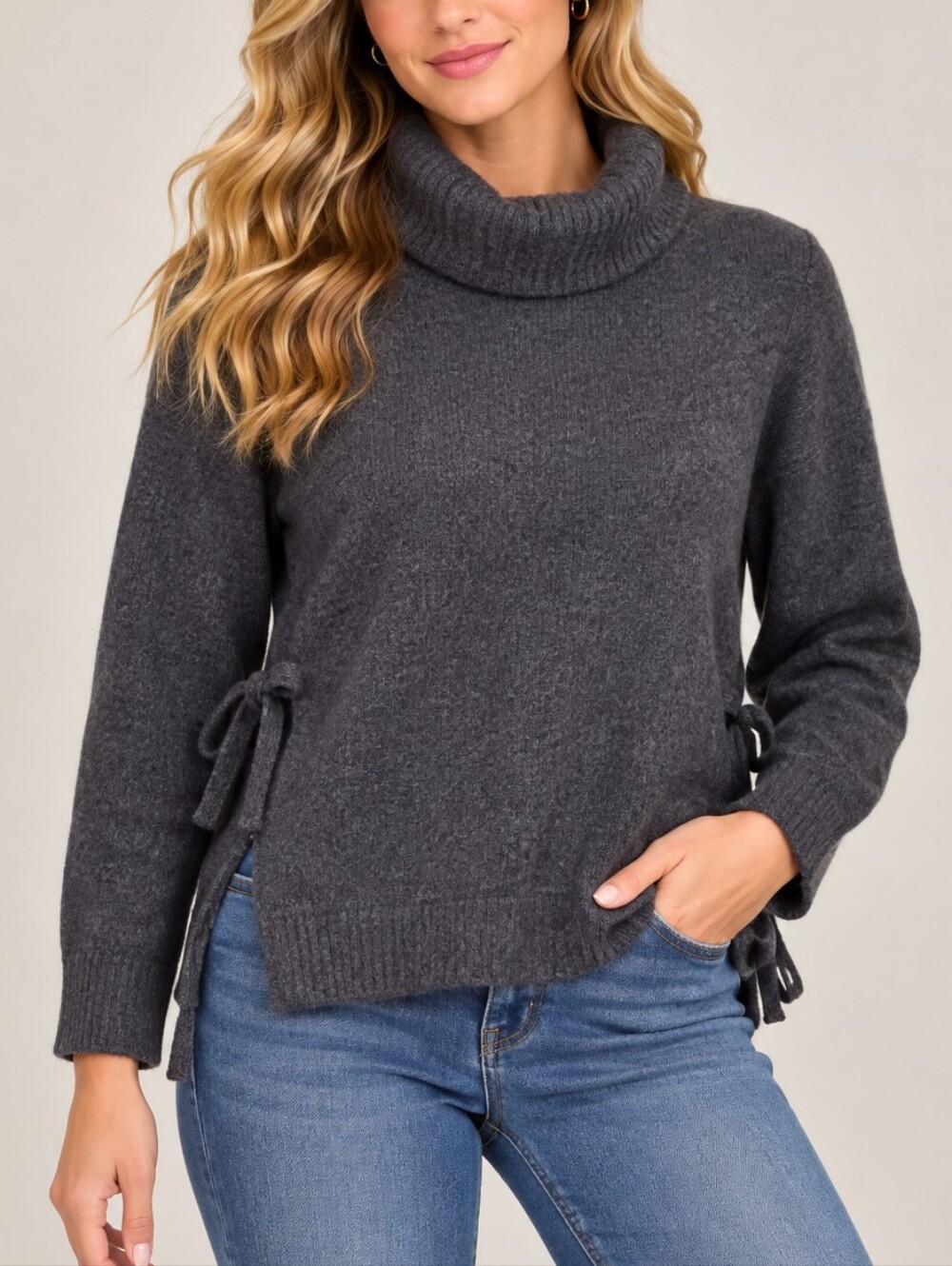 CYNTHIA ROWLEY | Women's Dark Gray Cowl Neck Side Tie Wool Blend Sweater XS